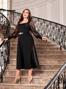 Modelyn Đầm Plus Size Tương phản Mesh Pha lê kim cương màu trơn Buổi tiệc - màu đen - Xem 5