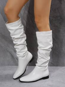 Botas plisadas de color sólido de moda blancas para mujer, botines casuales sin cordones - Blanco - Ver 1