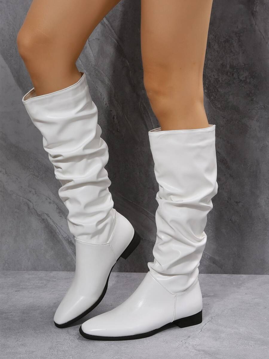 Botas plisadas de color sólido de moda blancas para mujer, botines casuales sin cordones - Blanco - Ver 1