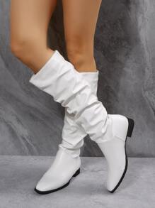 Botas plisadas de color sólido de moda blancas para mujer, botines casuales sin cordones - Blanco - Ver 3