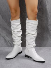 Botas plisadas de color sólido de moda blancas para mujer, botines casuales sin cordones - Blanco - Ver 4