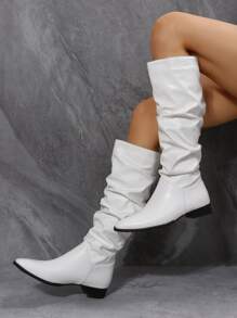 Botas plisadas de color sólido de moda blancas para mujer, botines casuales sin cordones - Blanco - Ver 5
