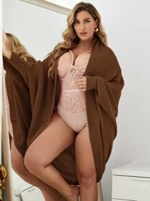 SHEIN LUNE Plus Open Front Dolman Sleeve Cardigan, For Winter Fall Cloth For Women Autumn - Coffee Brown - View 4