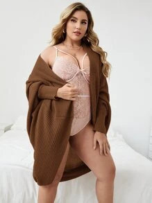 SHEIN LUNE Plus Open Front Dolman Sleeve Cardigan, For Winter Fall Cloth For Women Autumn - Coffee Brown - View 5