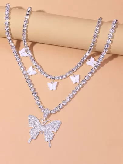 SHEIN X Lucía Bellido SHEIN ICON 2入組水鑽蝴蝶墜飾項鍊