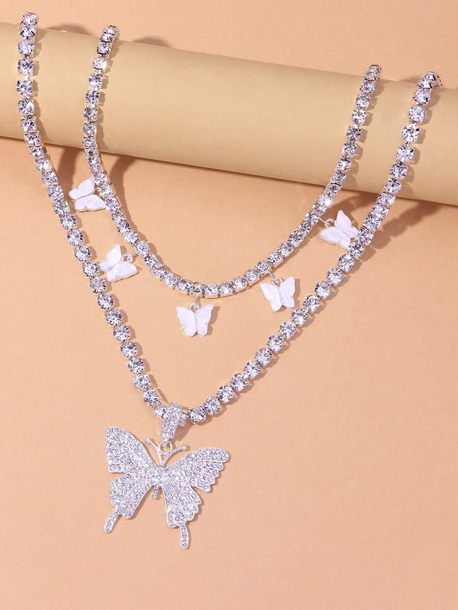 SHEIN X Lucía Bellido SHEIN ICON 2pcs Rhinestone Butterfly Charm Necklace - Silver - View 1
