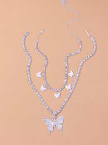 SHEIN X Lucía Bellido SHEIN ICON 2pcs Rhinestone Butterfly Charm Necklace - Silver - View 2