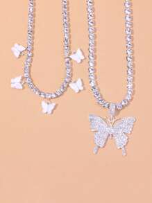 SHEIN X Lucía Bellido SHEIN ICON 2pcs Rhinestone Butterfly Charm Necklace - Silver - View 3