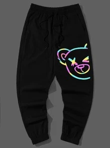 Manfinity VCAY 男士反光卡通圖案腰部抽繩長褲 - 黑色 - 查看 1