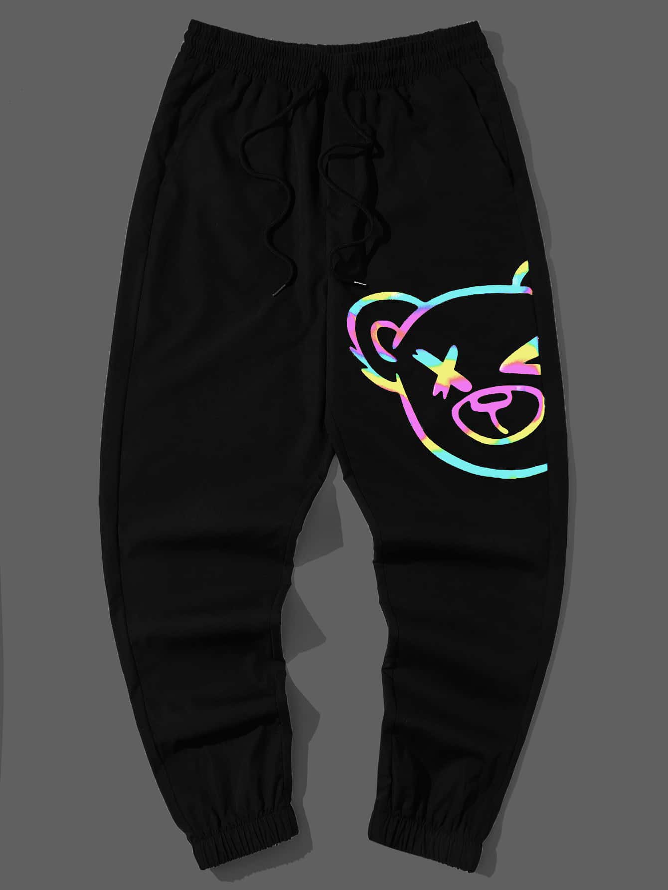 Manfinity VCAY 男士反光卡通圖案腰部抽繩長褲 - 黑色 - 查看 1