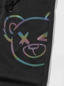 Manfinity VCAY 男士反光卡通圖案腰部抽繩長褲 - 黑色 - 查看 3