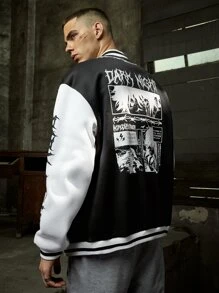 ROMWE MEN Anime Hombres Cazadora béisbol con estampado de letra - Blanco y Negro - Ver 2