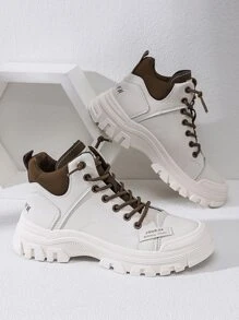 SUQUAN Letter Patch Decor Contrast Panel Lace-up Front Combat Boots - Beige - View 1