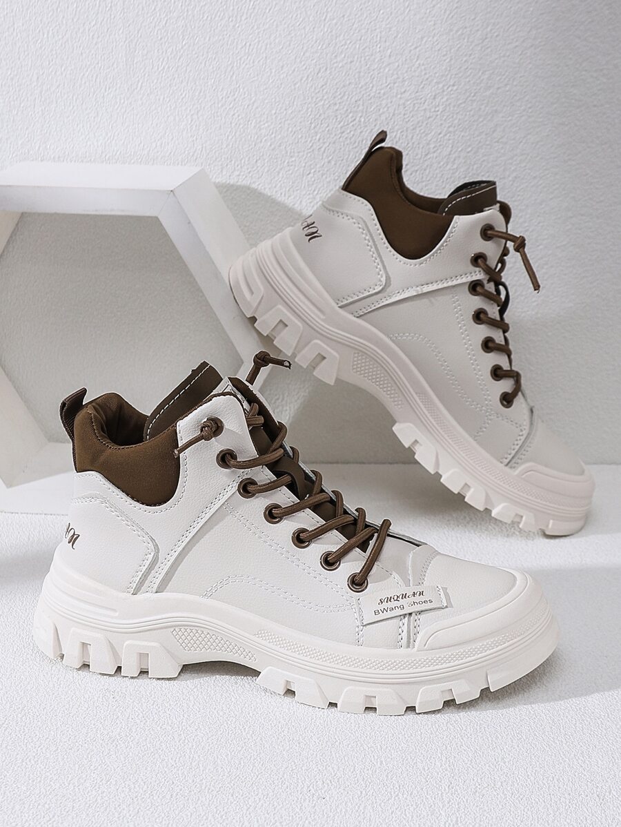 SUQUAN Letter Patch Decor Contrast Panel Lace-up Front Combat Boots - Beige - View 1