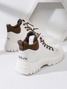 SUQUAN Letter Patch Decor Contrast Panel Lace-up Front Combat Boots - Beige - View 2