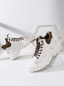 SUQUAN Letter Patch Decor Contrast Panel Lace-up Front Combat Boots - Beige - View 3