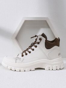 SUQUAN Letter Patch Decor Contrast Panel Lace-up Front Combat Boots - Beige - View 4
