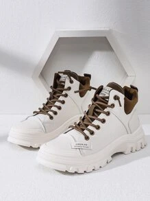 SUQUAN Letter Patch Decor Contrast Panel Lace-up Front Combat Boots - Beige - View 5