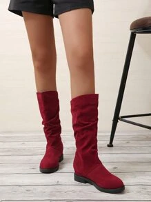 Letter Detail Faux Suede Slouchy Boots - Burgundy - View 1