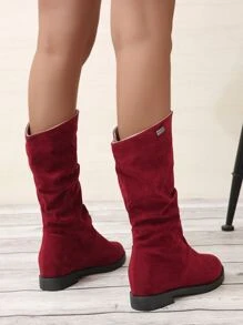 Letter Detail Faux Suede Slouchy Boots - Burgundy - View 2