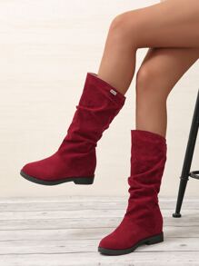 Letter Detail Faux Suede Slouchy Boots - Burgundy - View 3