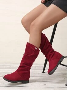 Letter Detail Faux Suede Slouchy Boots - Burgundy - View 5