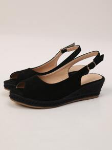 Women's Fashion Casual Vacation Woven Wedge Platform Slip-On Sandals - Black - View 3