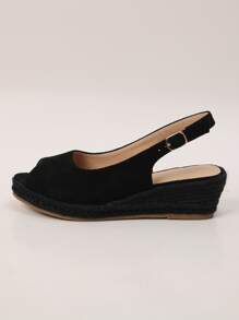 Women's Fashion Casual Vacation Woven Wedge Platform Slip-On Sandals - Black - View 4