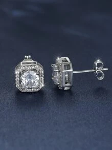 Cubic Zirconia Decor Stud Earrings - Silver - View 1