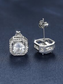 Cubic Zirconia Decor Stud Earrings - Silver - View 2