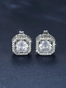 Cubic Zirconia Decor Stud Earrings - Silver - View 4