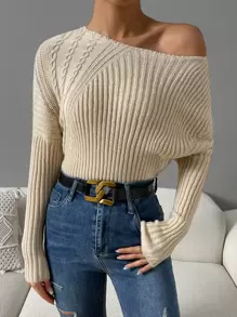 Cable Knit Eyelet Detail Drop Shoulder Jumper - Apricot - View 1