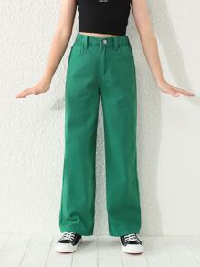 Girls High Waist Wide Leg Jeans - Green - View 1
