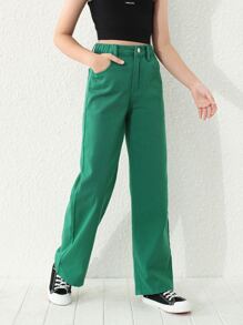 Girls High Waist Wide Leg Jeans - Green - View 4