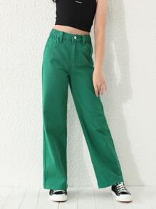 Girls High Waist Wide Leg Jeans - Green - View 5