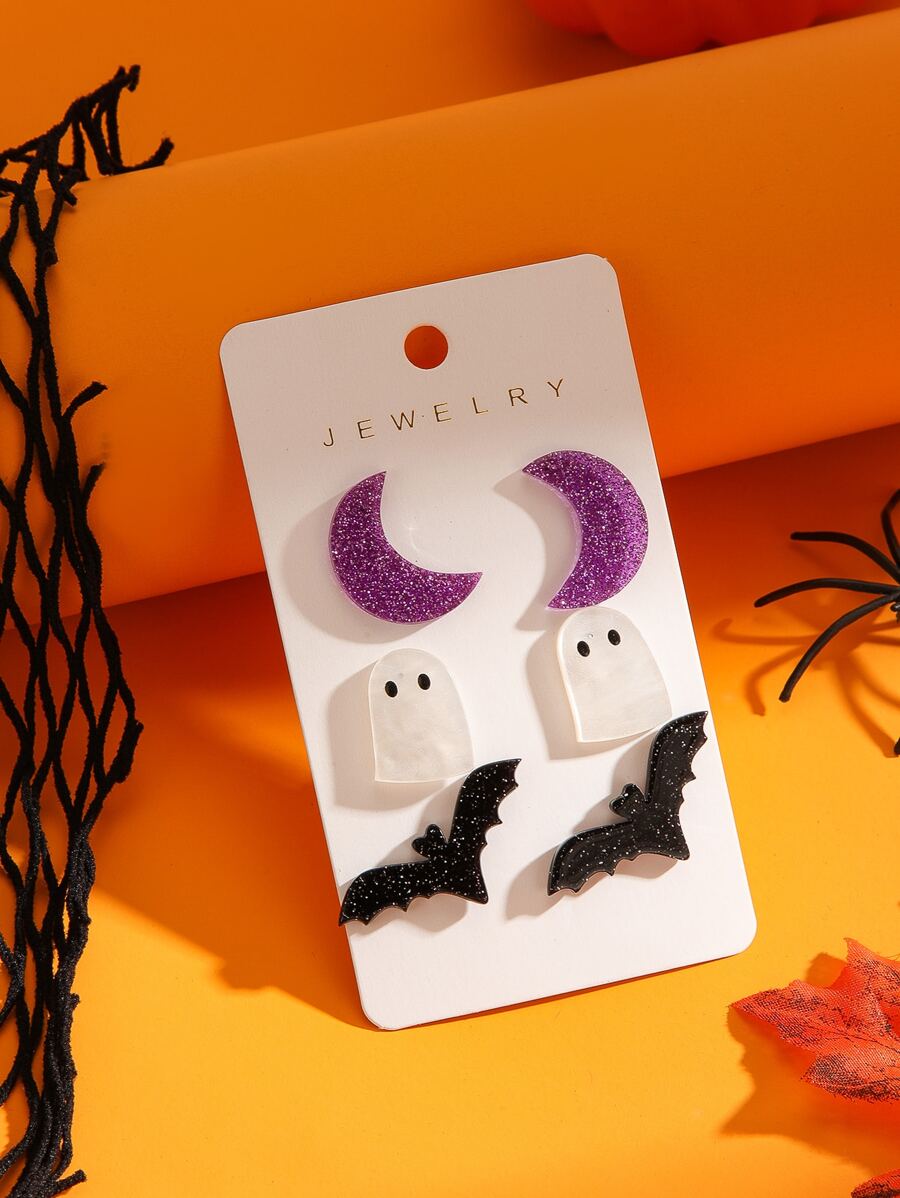 3對萬聖節蝙蝠和鬼設計耳釘 - 彩色 - 查看 1