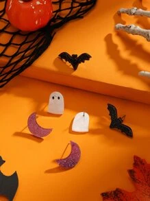 3對萬聖節蝙蝠和鬼設計耳釘 - 彩色 - 查看 2