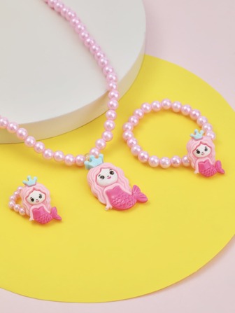 3入組女孩美人魚和人造珍珠裝飾首飾套裝