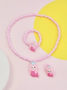3入組女孩美人魚和人造珍珠裝飾首飾套裝 - 彩色 - 查看 2