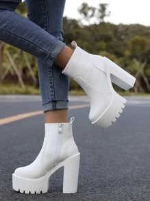 Side Zip Platform Chunky Heeled Classic Boots - White - View 4