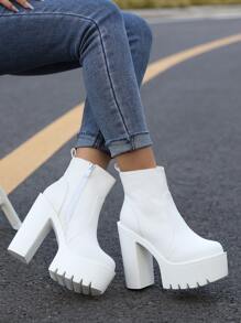 Side Zip Platform Chunky Heeled Classic Boots - White - View 2