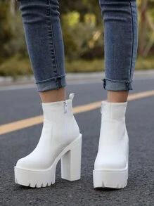 Side Zip Platform Chunky Heeled Classic Boots - White - View 3