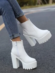 Side Zip Platform Chunky Heeled Classic Boots - White - View 5