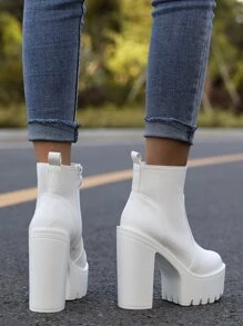 Side Zip Platform Chunky Heeled Classic Boots - White - View 6