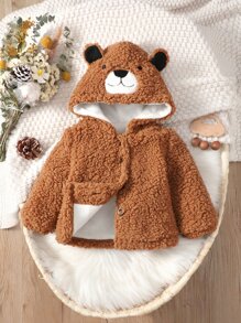 Baby 3D Ears Design Hooded Teddy Coat - Brown - View 1
