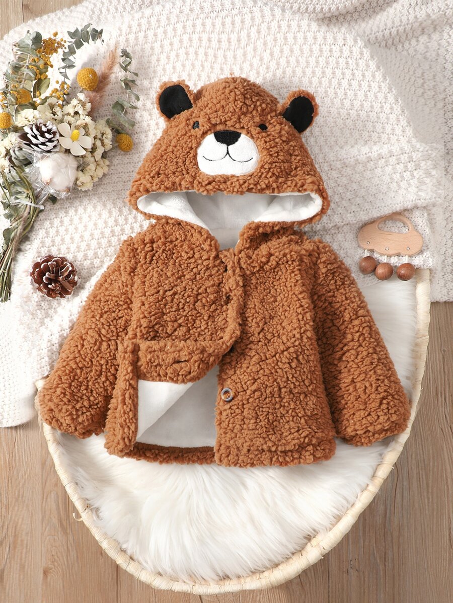 Baby 3D Ears Design Hooded Teddy Coat - Brown - View 1