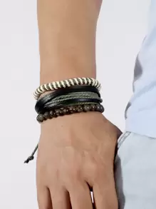 3pcs Vintage Handwoven Leather Bracelets, DIY Combination Set For Men And Women, European And American Style Accessories Suitable For Daily Wear, Gift Set - Multicolor - View 4