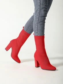 Neon Red Chunky Heeled Slip-On Sock Boots - Red - View 1