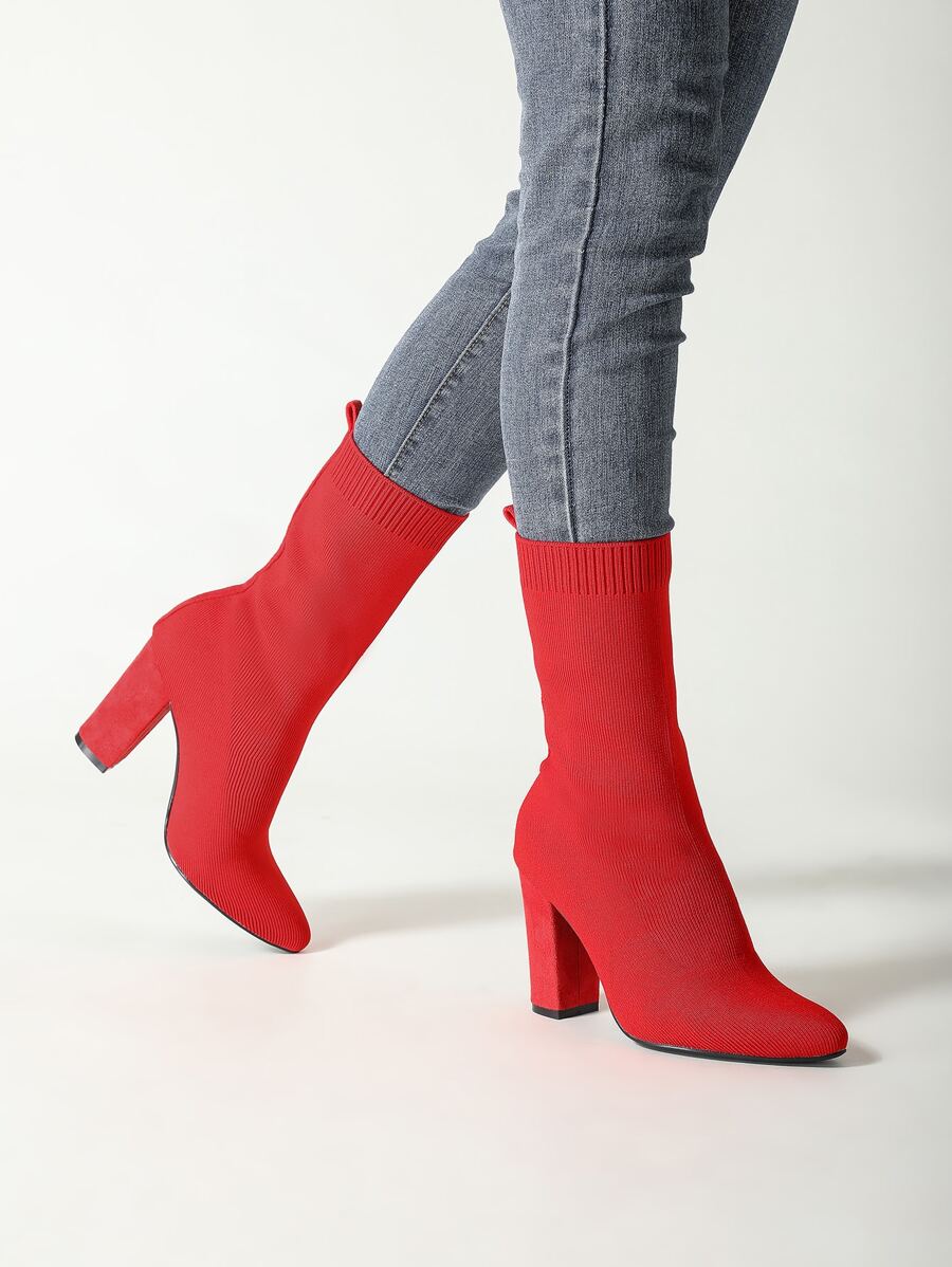 Neon Red Chunky Heeled Slip-On Sock Boots - Red - View 1