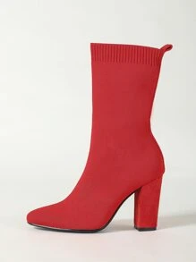Neon Red Chunky Heeled Slip-On Sock Boots - Red - View 4